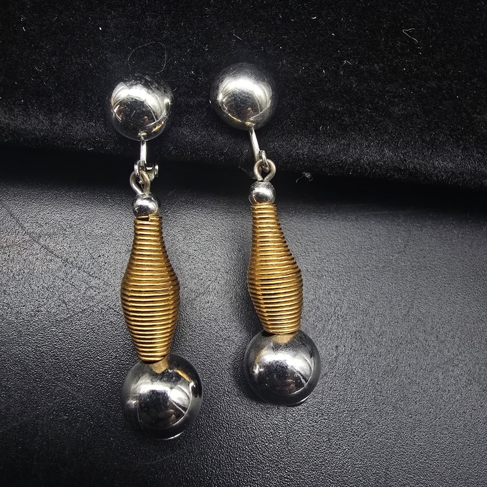 Vintage Napier Two Tone Spiral Spring Clip On Earrings Dangle Unique Costume